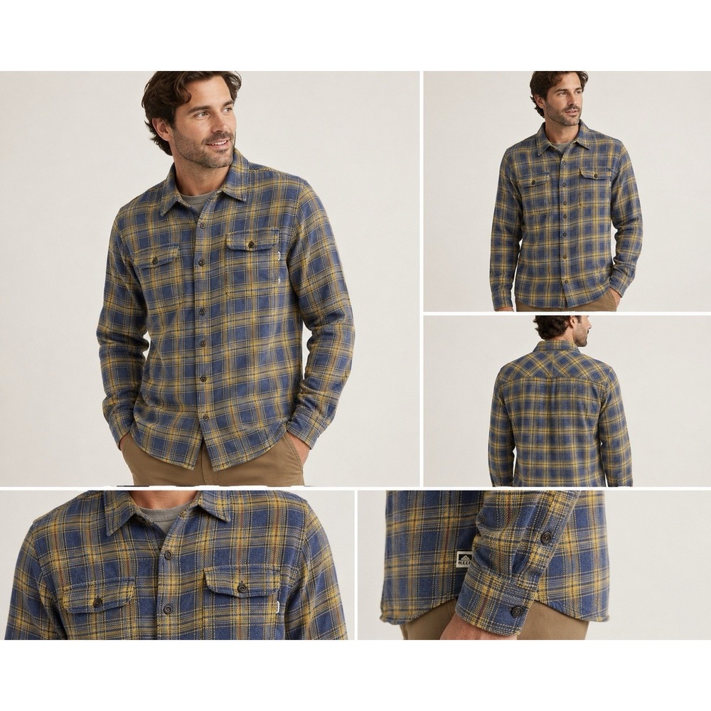 REEF Mens XL Flannel Shirt Blue Yellow Plaid Long Sleeve Button Up Cotton